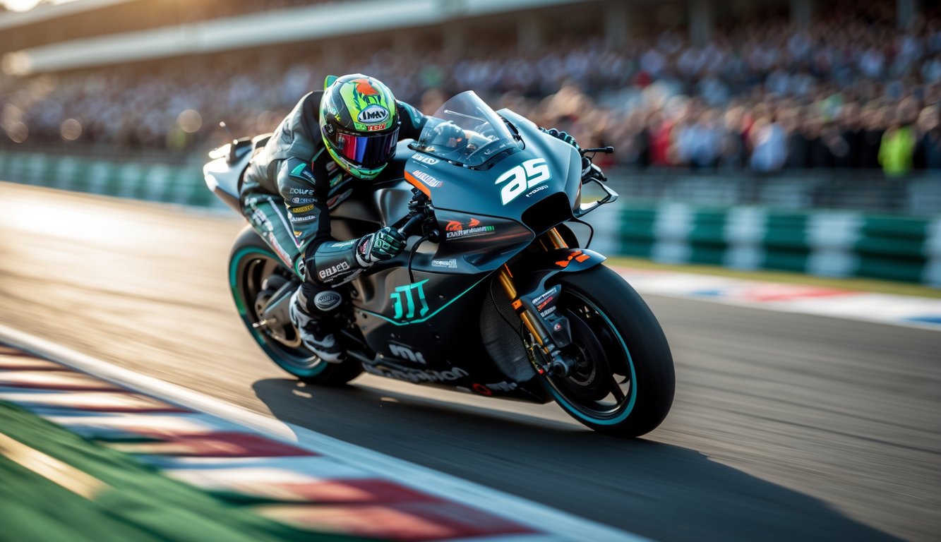 Sepeda motor MotoGP modern yang sedang melaju kencang di lintasan balap dengan pembalap mengenakan perlengkapan balap canggih dan latar belakang tribun penonton.