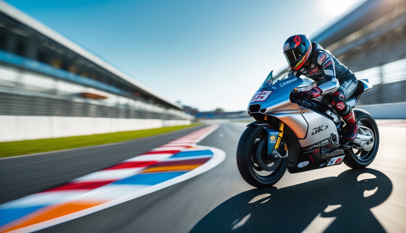 Sepeda motor MotoGP modern dengan teknologi canggih di lintasan balap, menampilkan kecepatan dan persaingan.