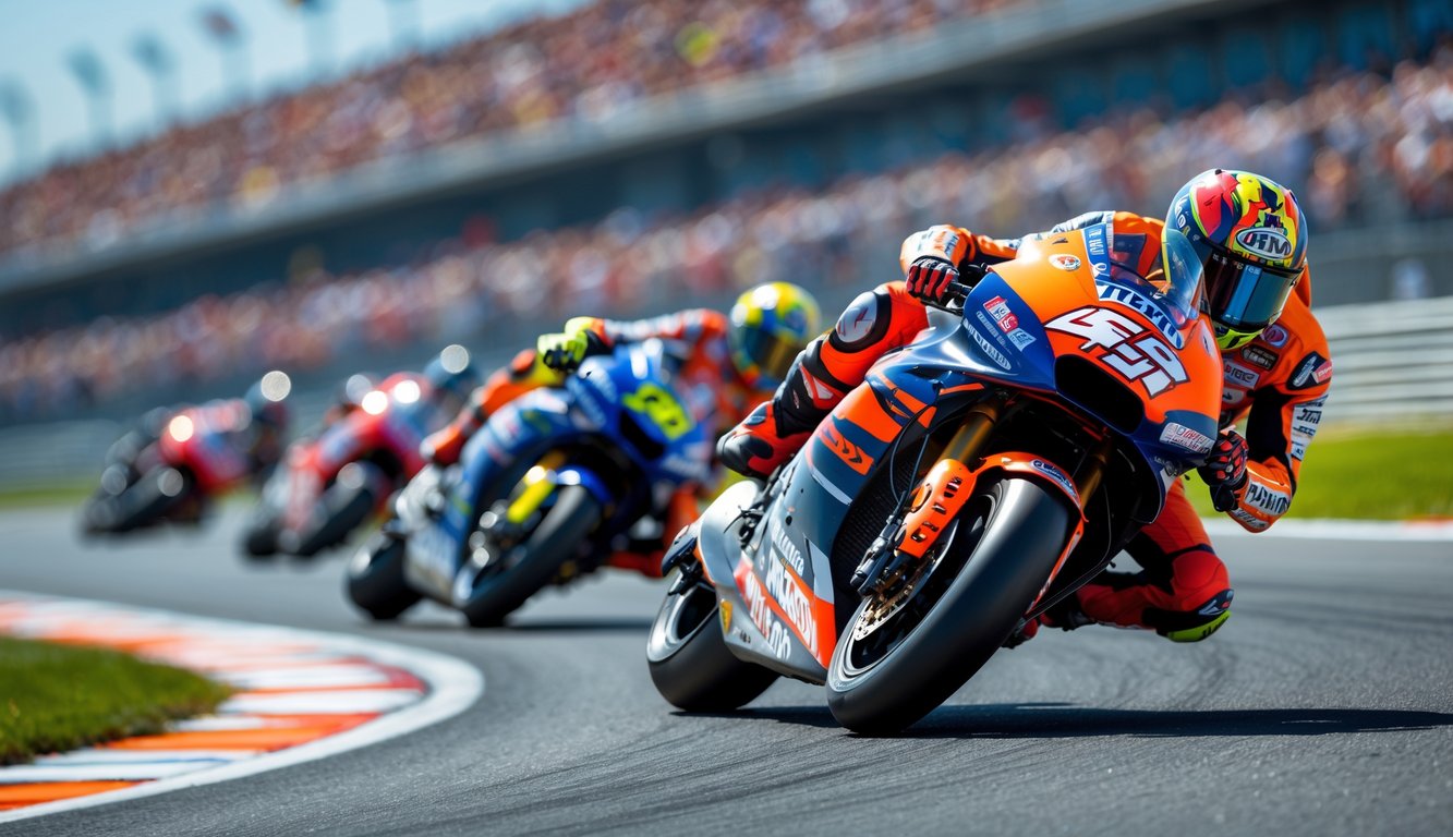 Beberapa pembalap MotoGP sedang balapan di tikungan lintasan dengan penonton di latar belakang.