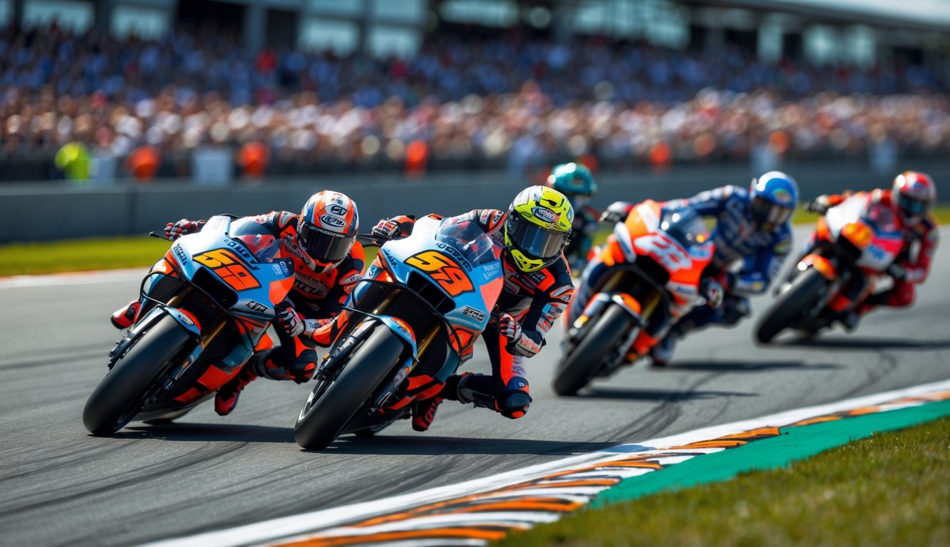 Beberapa pembalap MotoGP sedang berlomba ketat di tikungan sirkuit dengan penonton di latar belakang.