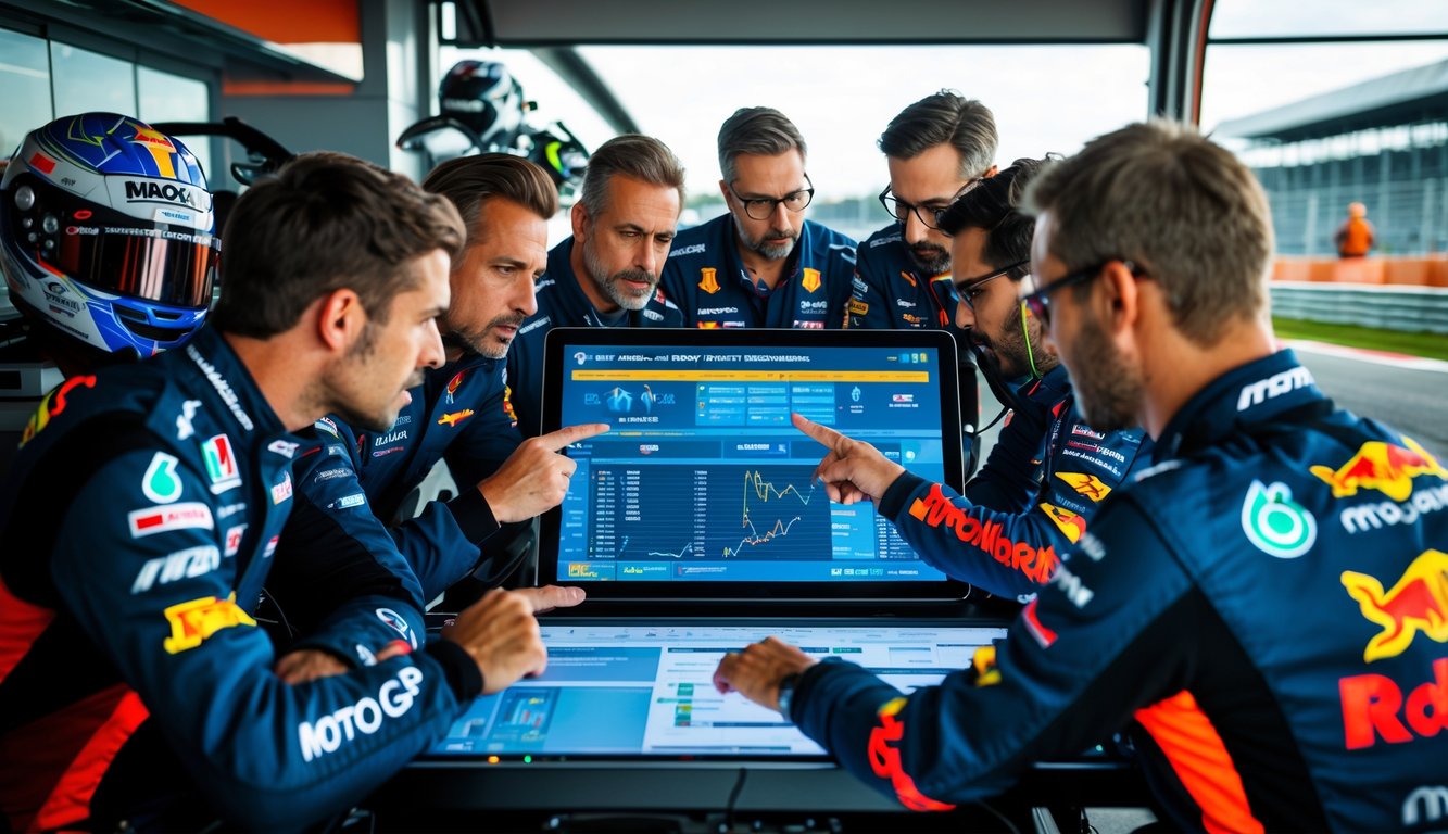 Sekelompok anggota tim MotoGP sedang berdiskusi dan merencanakan strategi di dalam garasi balap dengan peralatan dan motor balap di sekitar mereka.