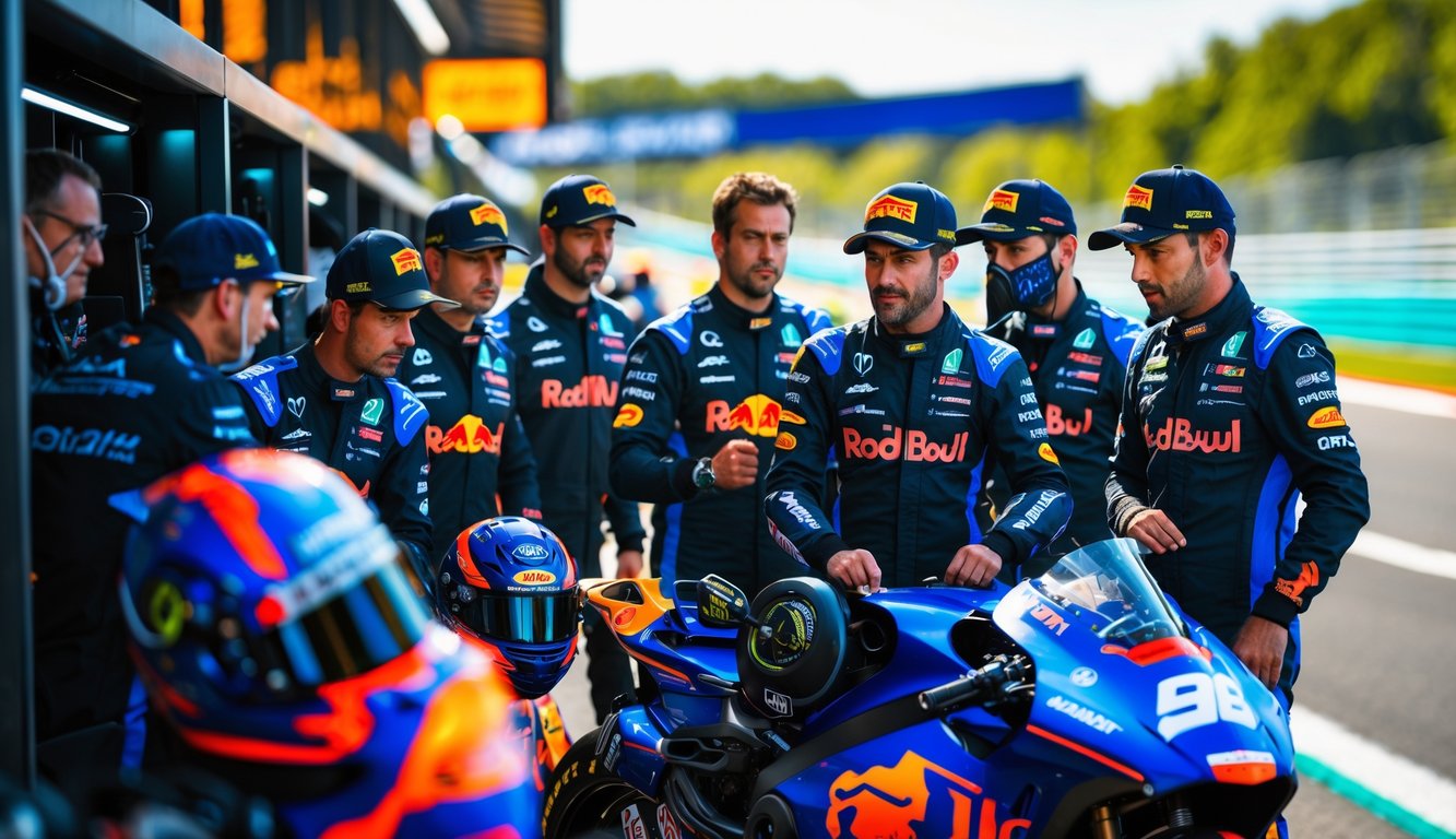 Tim balap MotoGP sedang bersiap di area pit stop dengan sepeda motor dan peralatan balap, menunjukkan kerja sama dan persiapan kompetisi.