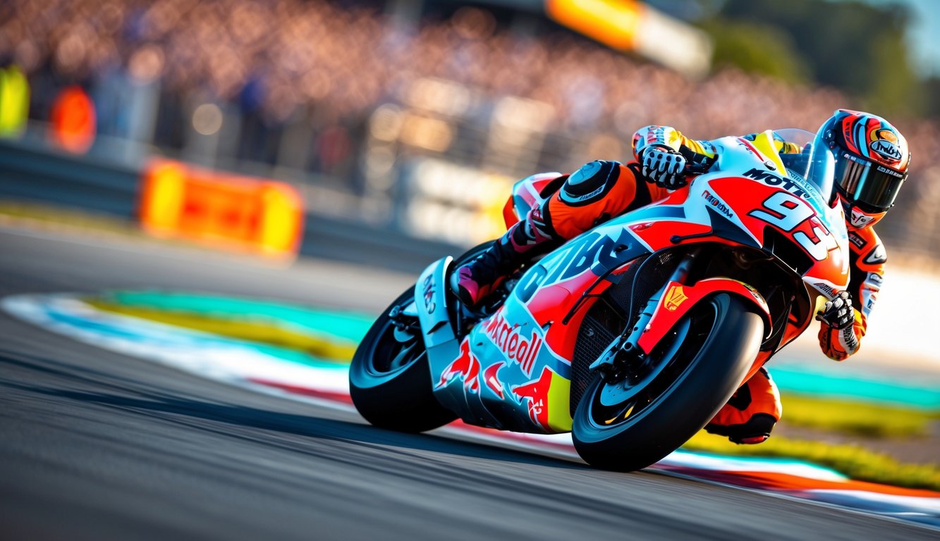 Seorang pembalap motor profesional sedang menikung tajam di lintasan balap dengan motor balap MotoGP berwarna cerah.