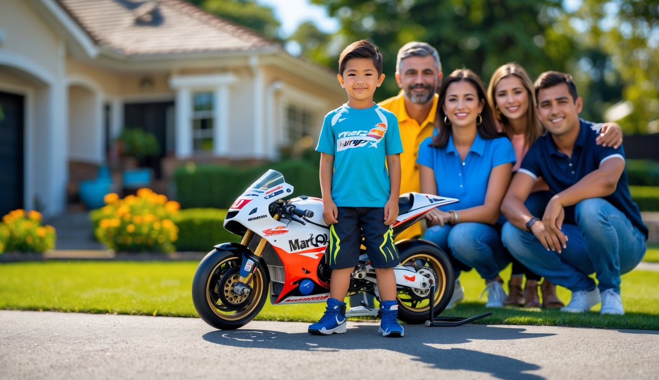 Seorang anak laki-laki berdiri di samping sepeda motor balap kecil dengan keluarga yang tersenyum di halaman rumah mereka.