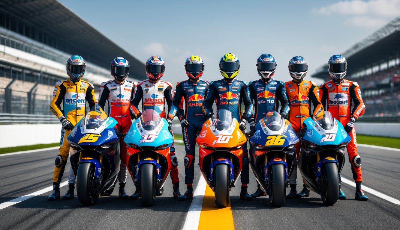 Beberapa pembalap MotoGP berdiri di samping motor mereka di lintasan balap dengan latar belakang tribun dan langit cerah.