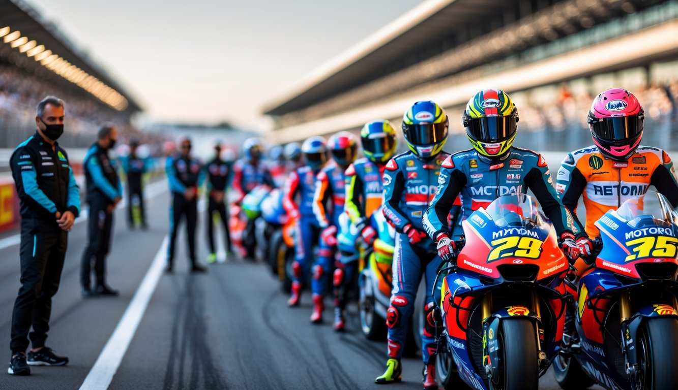 Sekelompok pembalap MotoGP dan tim mereka berdiri di samping motor balap di lintasan dengan latar belakang tribun dan kru pit.