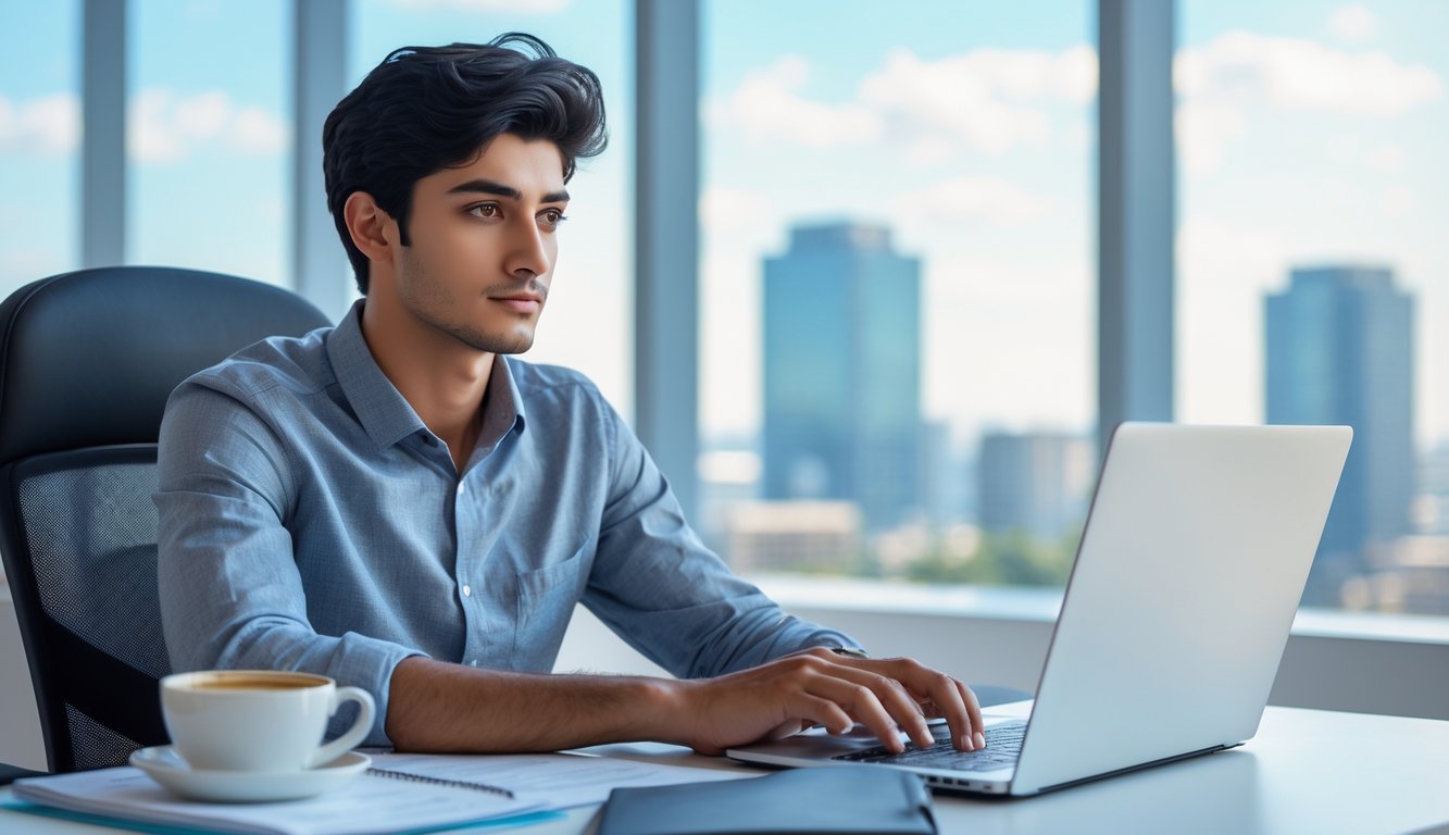 Seorang pria muda duduk di meja kerja dengan laptop dan catatan di kantor yang terang, menunjukkan fokus dan semangat memulai karier.