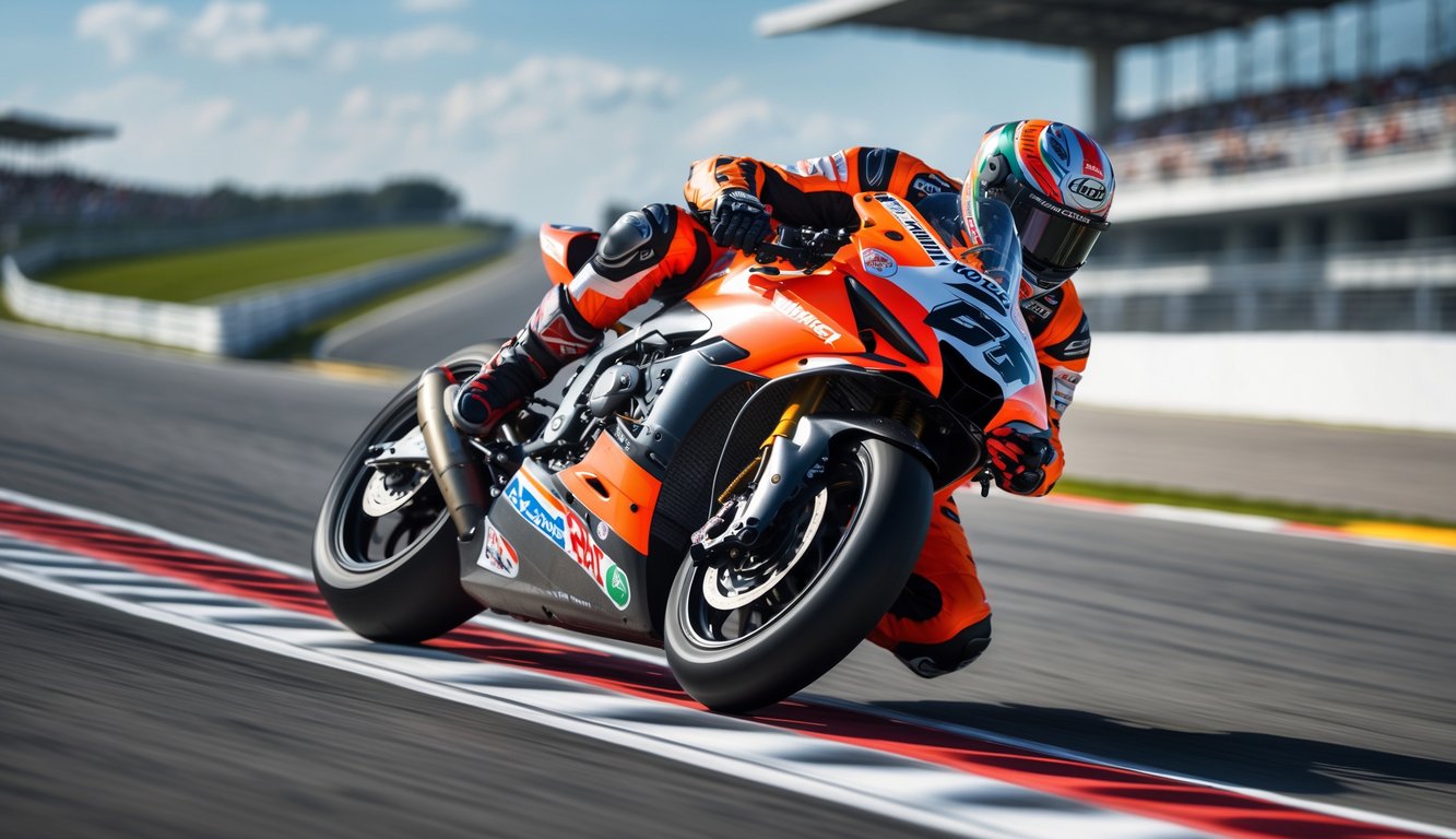 Seorang pembalap motor sedang menikung tajam di lintasan balap dengan motor balap MotoGP.