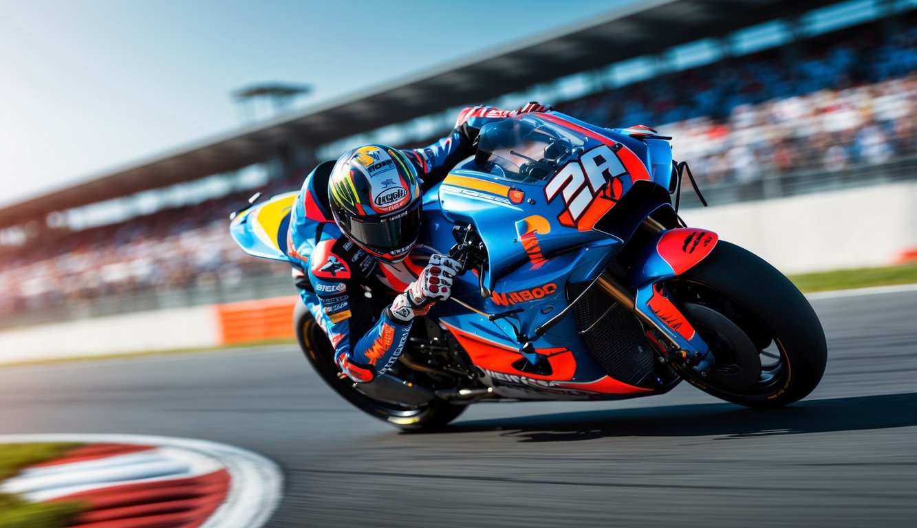 Seorang pembalap MotoGP sedang menikung dengan cepat di lintasan balap dengan latar belakang tribun penonton dan langit cerah.