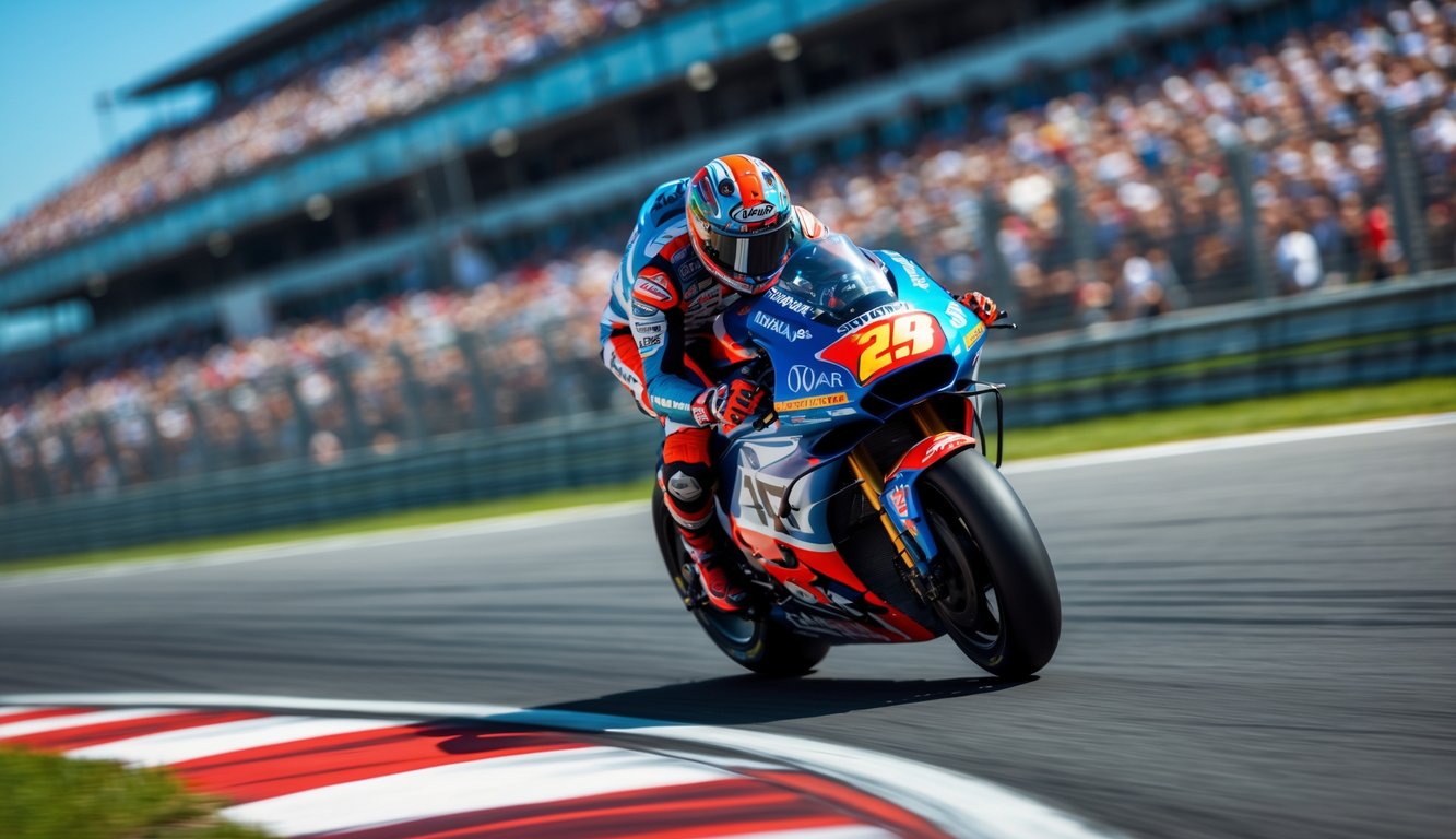 Seorang pembalap MotoGP sedang menikung tajam di lintasan balap dengan penonton di tribun dan langit cerah di latar belakang.