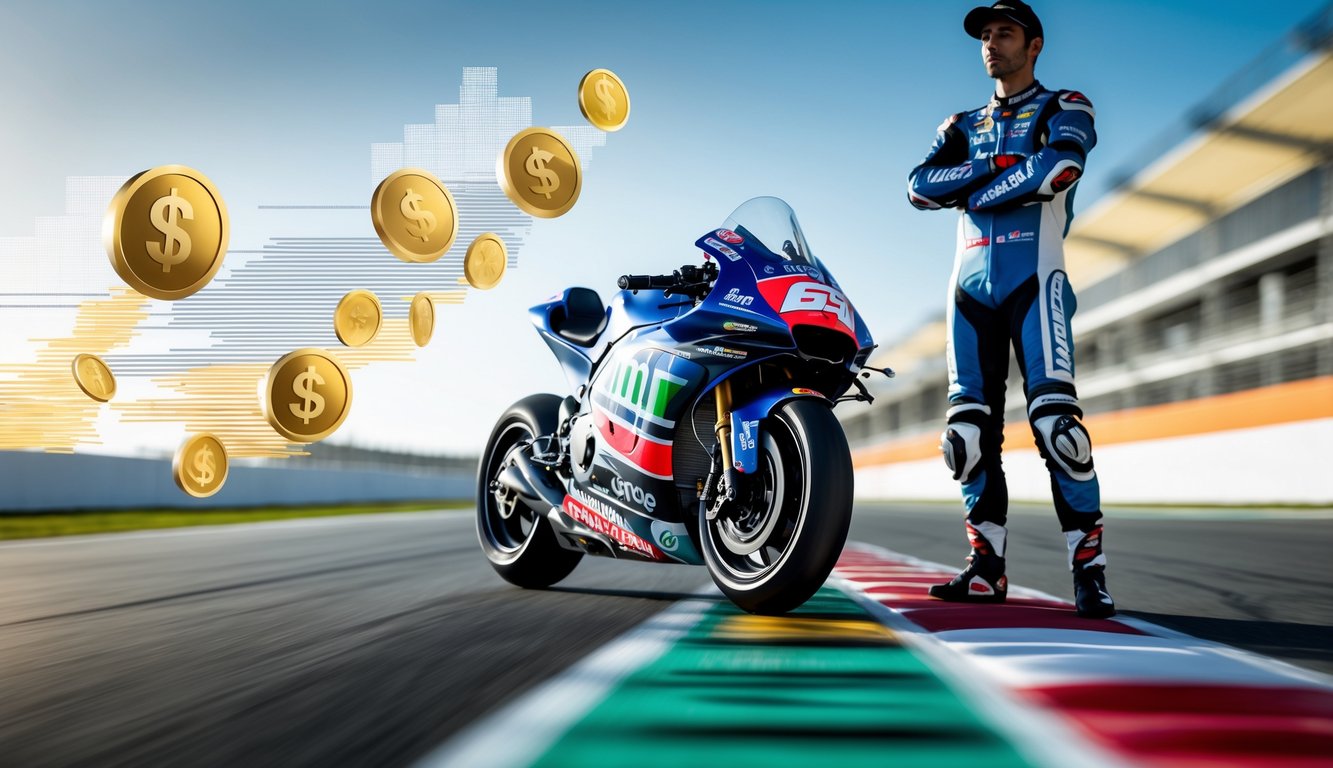 Seorang pembalap MotoGP berdiri di samping motor balapnya di lintasan, menunjukkan kesan sukses dan kecepatan.