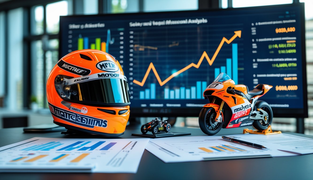 Meja kerja modern dengan dokumen keuangan, helm balap MotoGP, dan model motor kecil di latar depan, serta layar digital menampilkan grafik keuangan di belakang.