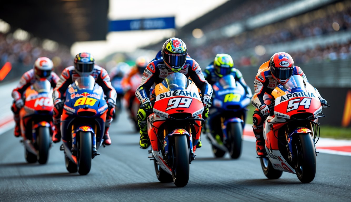 Seorang pembalap MotoGP sedang mengendarai motor balap dengan latar belakang lintasan balap dan penonton.