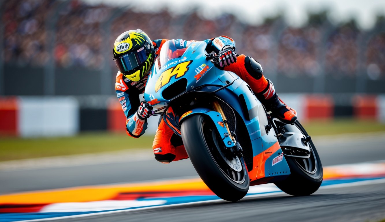 Seorang pembalap motor muda mengenakan perlengkapan balap lengkap sedang mengendarai motor MotoGP di lintasan balap dengan latar penonton dan suasana kompetisi.