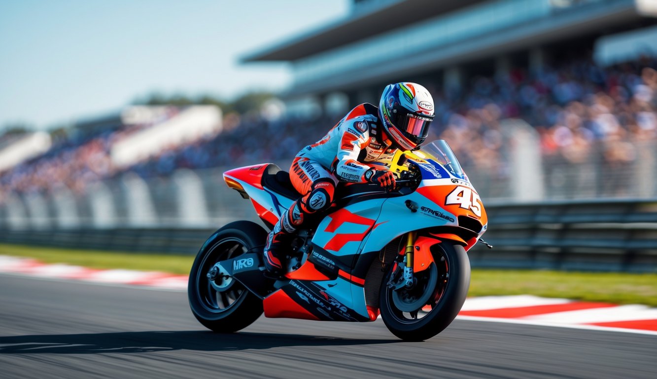 Seorang pembalap muda MotoGP sedang membalap dengan motor di lintasan balap, mengenakan baju dan helm balap berwarna cerah, sedang membelok dengan fokus tinggi.