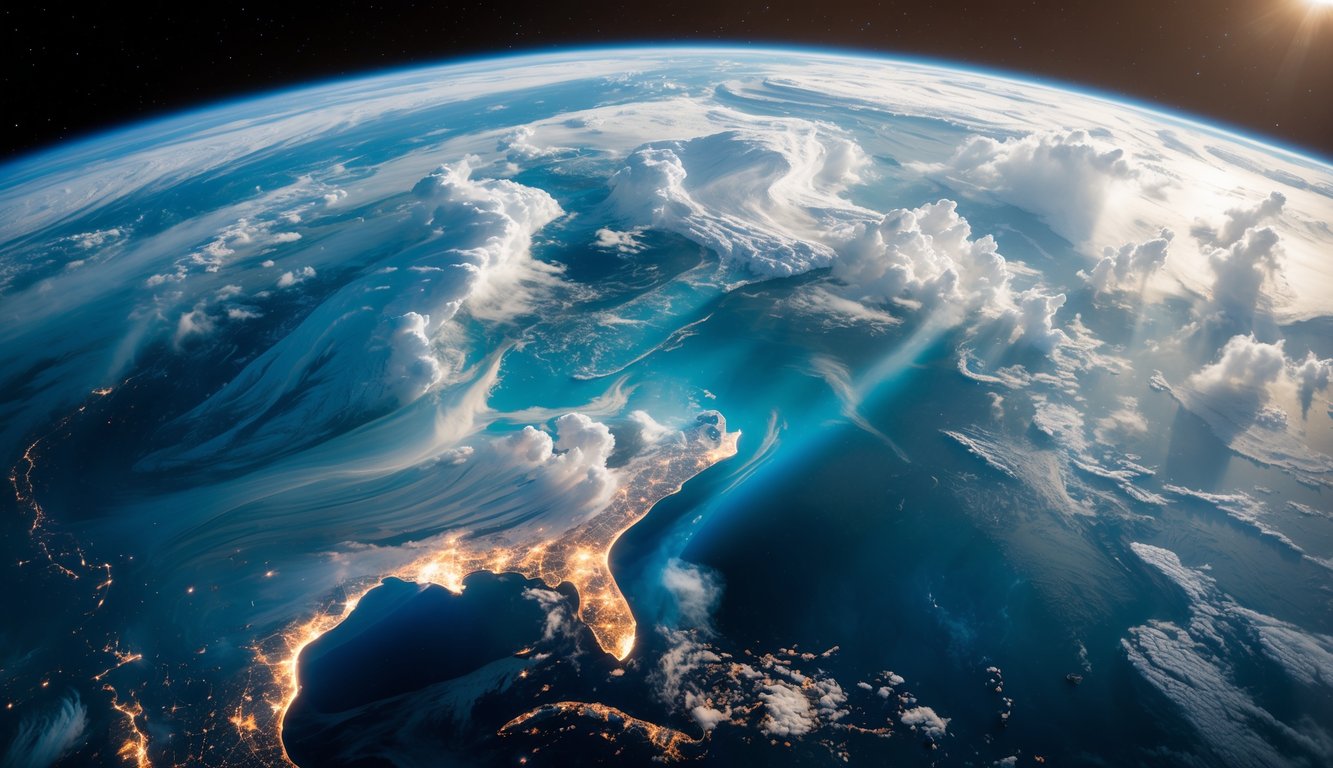 Gambar Bumi dari luar angkasa dengan lautan biru, awan putih, dan daratan yang terlihat jelas di latar belakang ruang angkasa gelap.