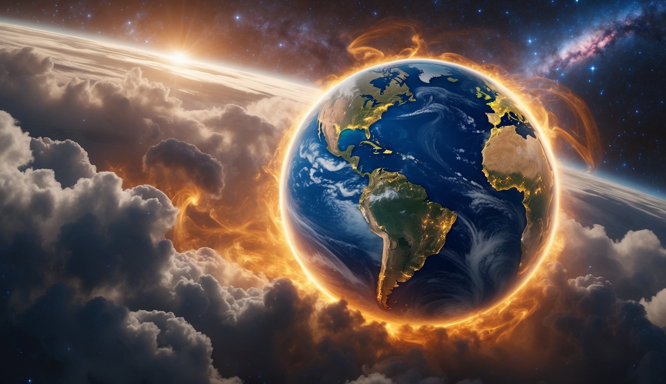 Gambaran Bumi yang baru terbentuk di ruang angkasa dengan latar belakang bintang dan nebula.