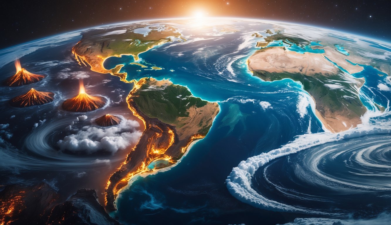 Gambaran proses terbentuknya Bumi dari planet muda yang panas dan cair hingga menjadi planet biru dengan daratan dan lautan yang hidup.