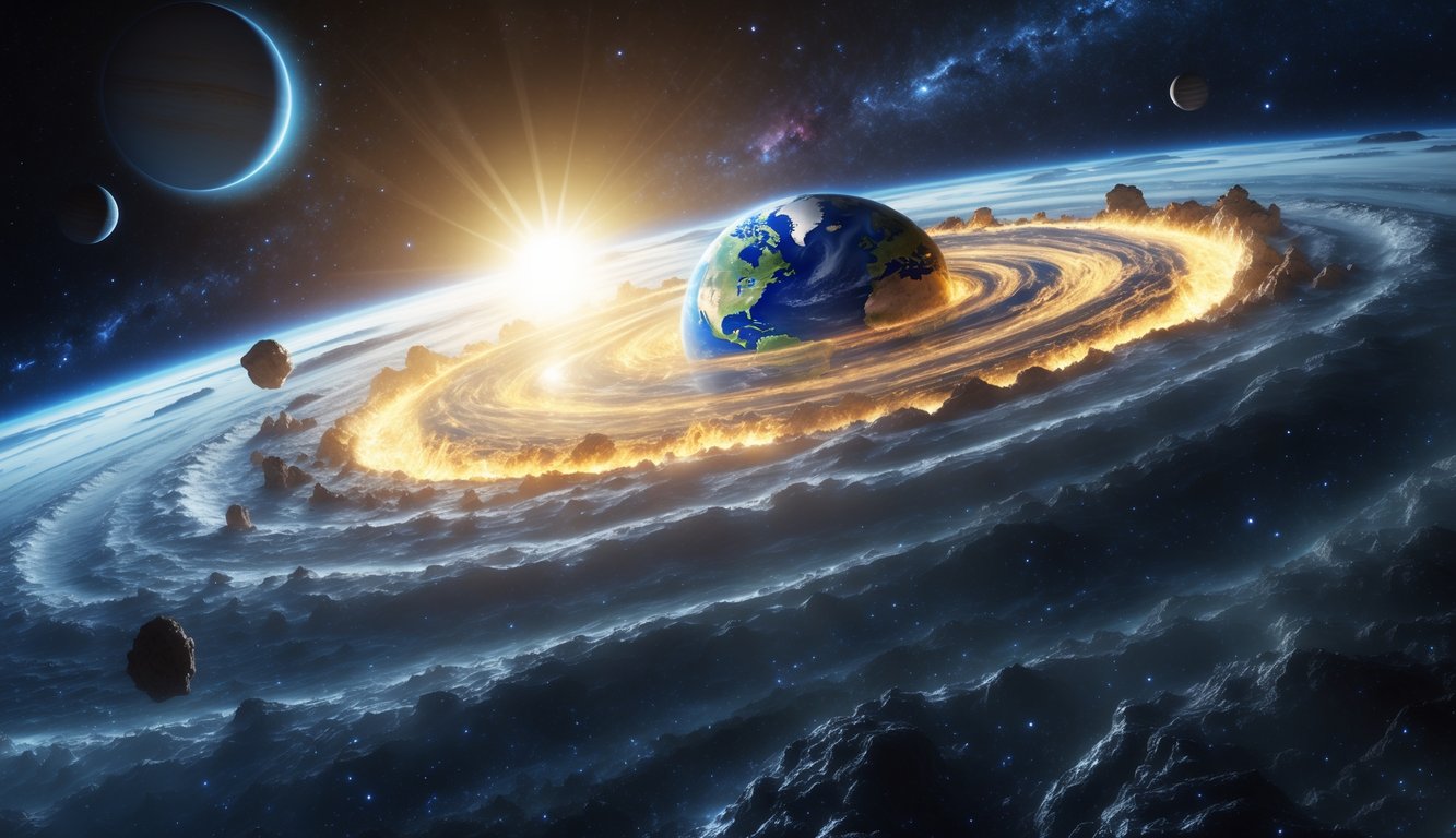 Gambaran proses terbentuknya Bumi dari awal hingga sekarang dengan latar luar angkasa, menampilkan Bumi muda yang sedang terbentuk di dekat matahari dan planet-planet lain di tata surya.