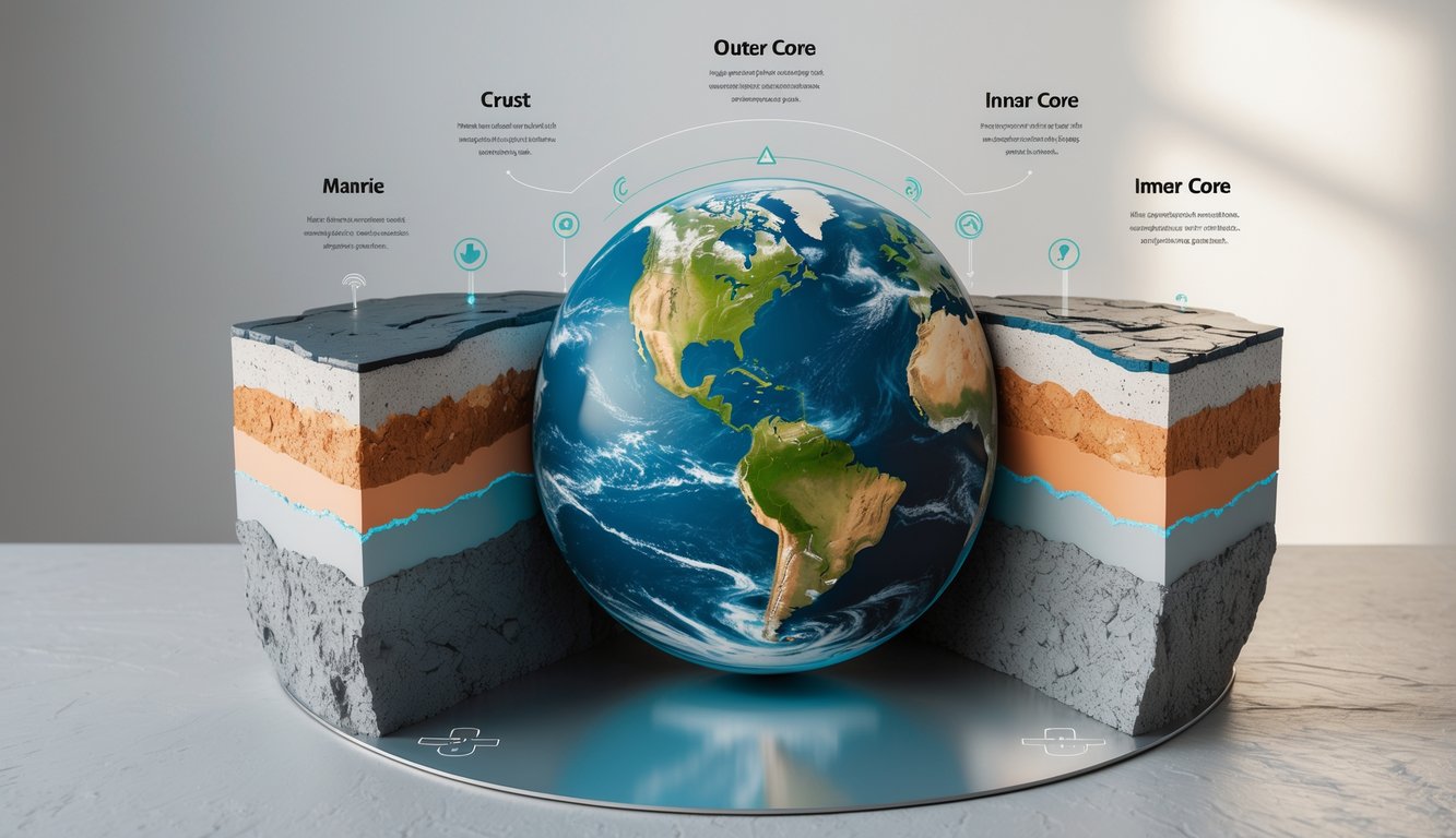 Penampang melintang Bumi yang menunjukkan lapisan kerak, mantel, inti luar, dan inti dalam dengan warna dan tekstur berbeda.