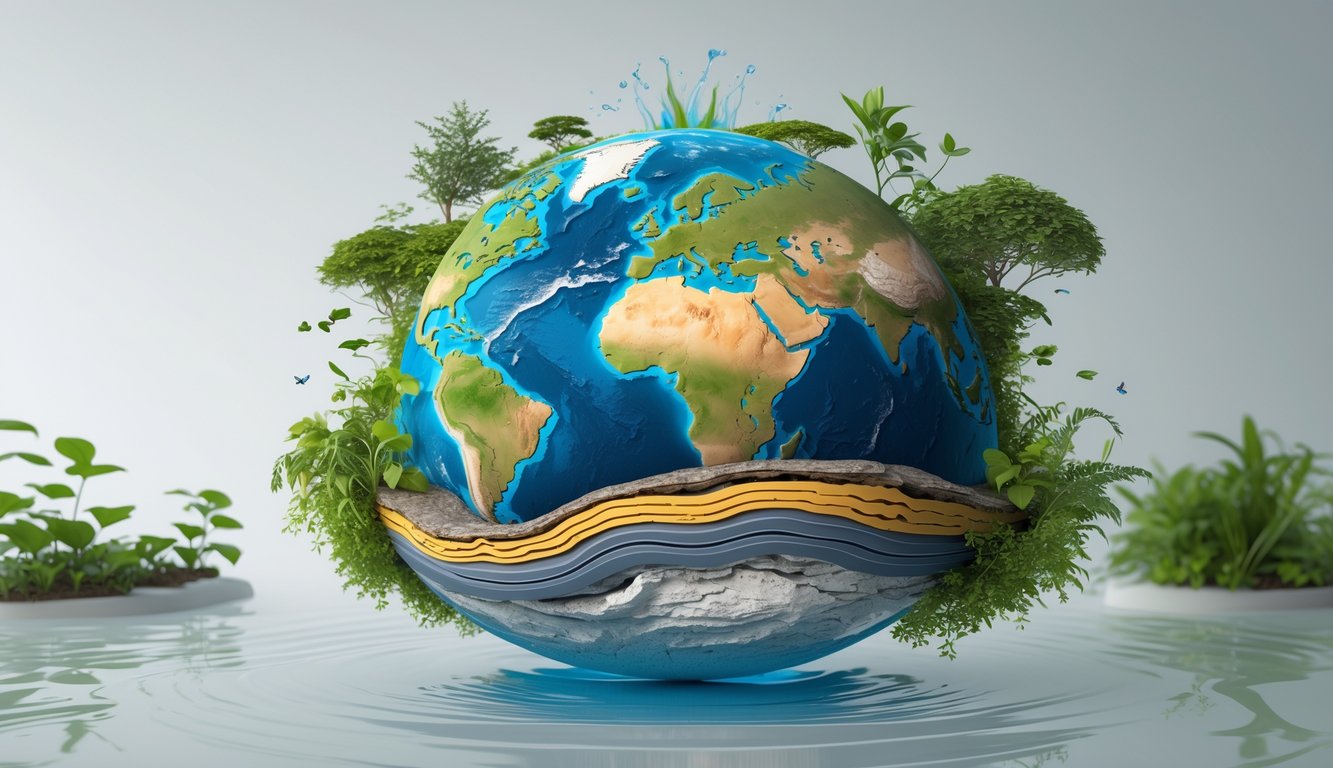 Ilustrasi potongan melintang Bumi yang menunjukkan lapisan-lapisan internal seperti kerak, mantel, inti luar, dan inti dalam dengan elemen kehidupan di sekitarnya.