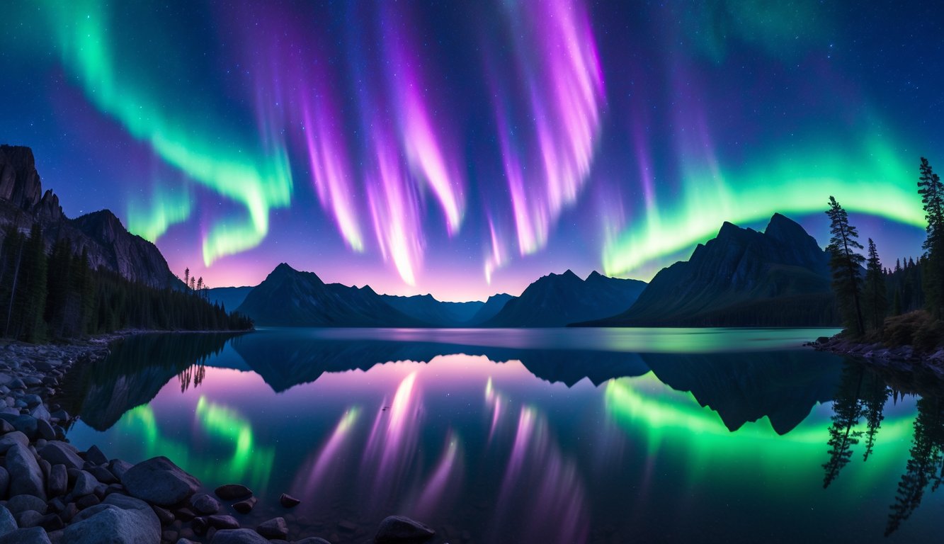 Pemandangan aurora borealis berwarna-warni di langit malam di atas danau tenang yang dikelilingi pegunungan dan pohon pinus.