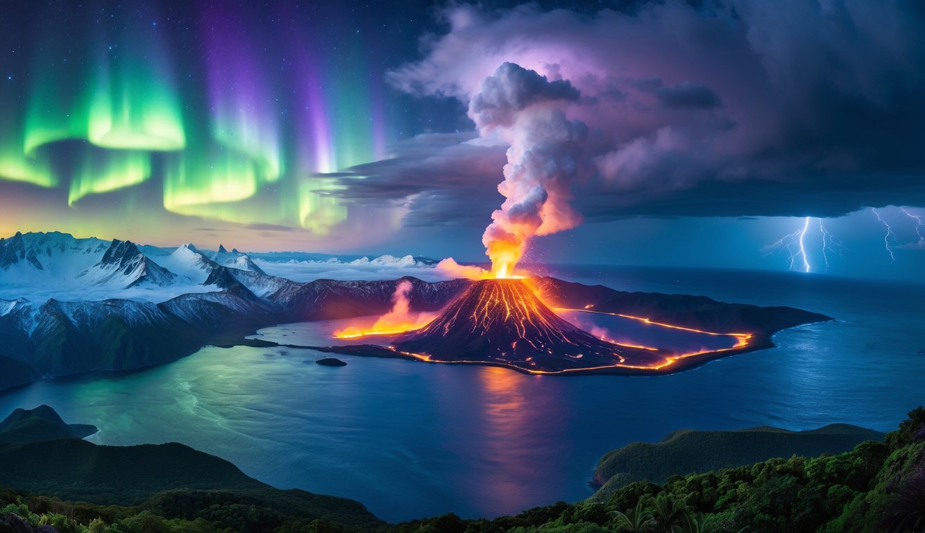 Pemandangan alam dengan aurora borealis di langit malam, gunung berapi meletus, pelangi ganda di atas hutan hijau, dan badai petir di atas lautan.