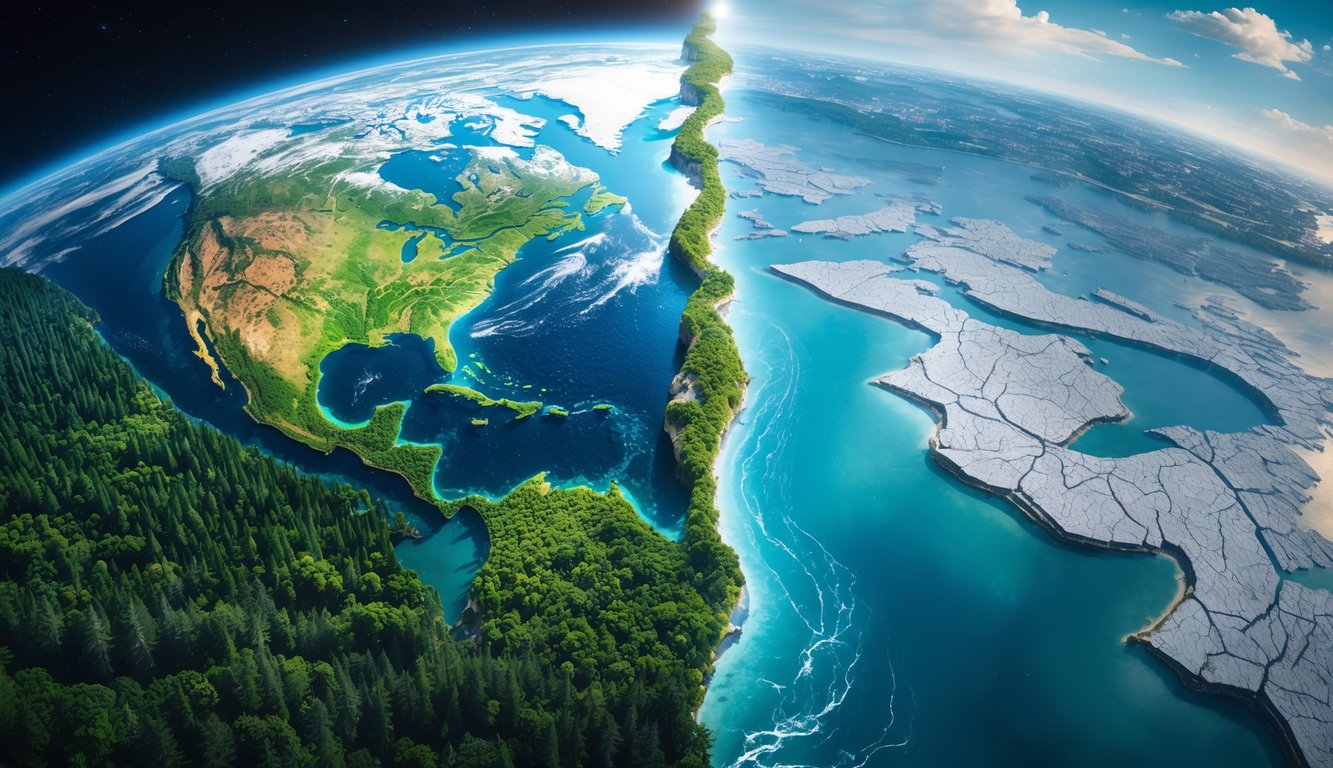 Gambaran Bumi dengan satu sisi hijau dan sehat, sisi lain kering dan rusak akibat perubahan iklim.