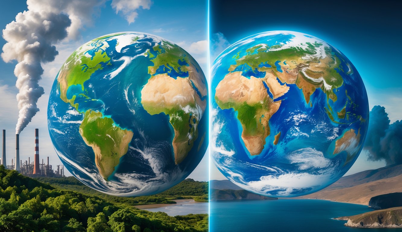 Gambaran bumi dengan sisi sehat dan sisi rusak akibat perubahan iklim, menunjukkan hutan hijau, lautan bersih, dan langit cerah di satu sisi, serta tanah kering, gletser mencair, dan polusi di sisi lain.