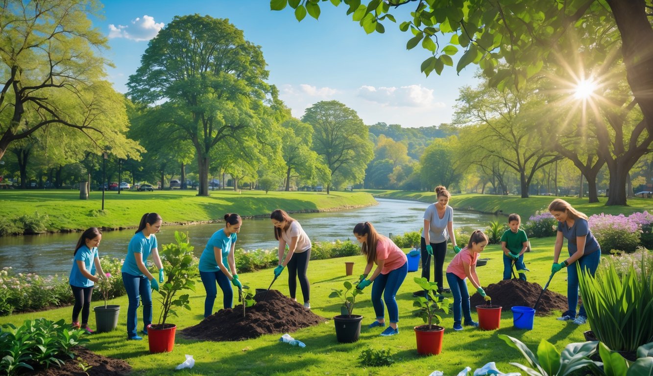 Orang-orang menanam pohon dan membersihkan lingkungan di taman hijau yang asri dengan sungai jernih di latar belakang.