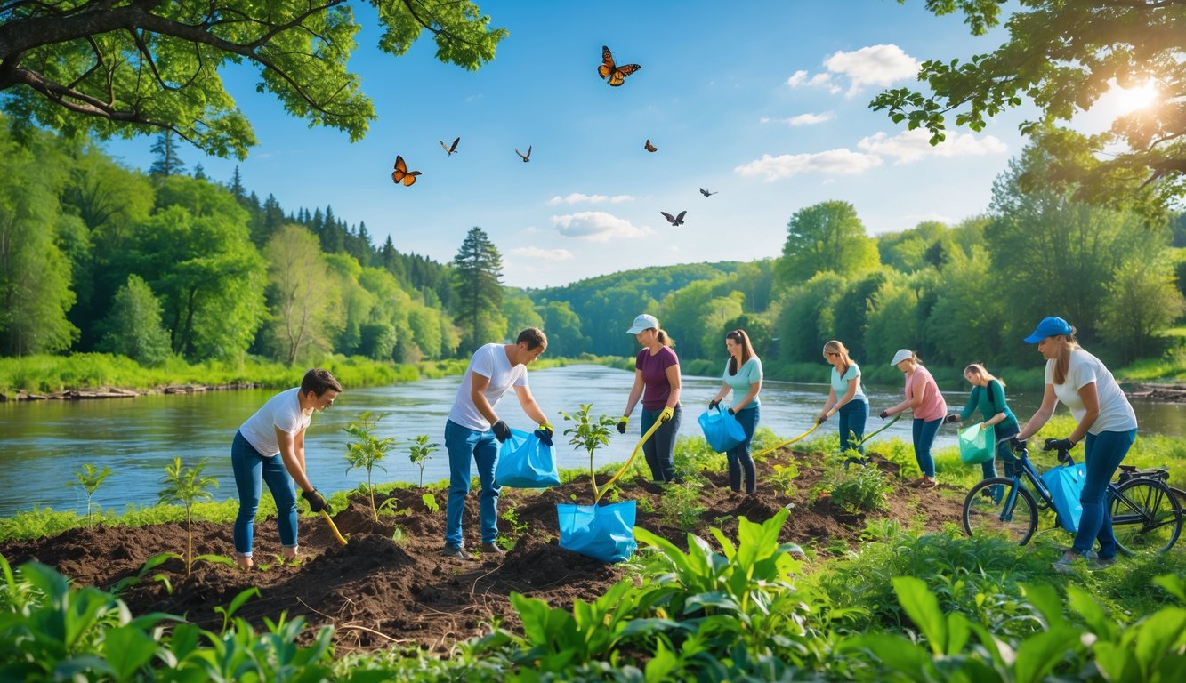 Orang-orang menanam pohon dan membersihkan sungai di lingkungan hijau yang sehat dengan hutan dan satwa liar di latar belakang.