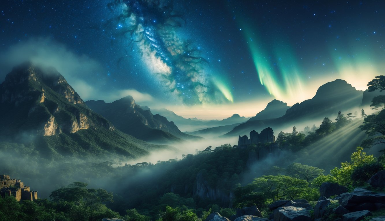 Pemandangan alam dengan pegunungan berkabut, hutan lebat, dan langit malam berbintang yang menampilkan galaksi dan aurora, menggambarkan misteri bumi yang belum terpecahkan.