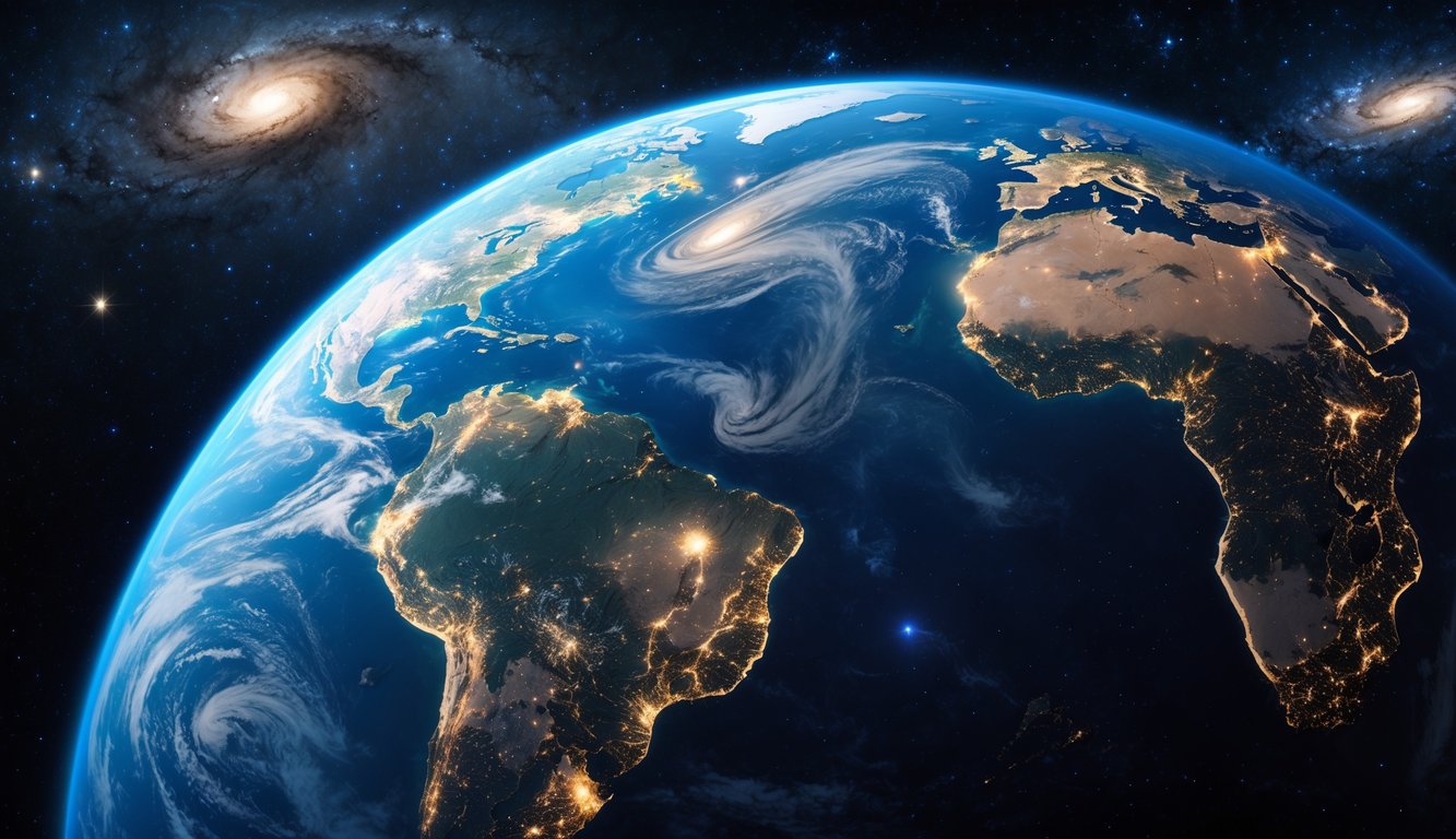 Gambar planet Bumi yang terlihat dari luar angkasa dengan latar belakang bintang dan galaksi, menunjukkan keindahan dan misteri asal usul Bumi.