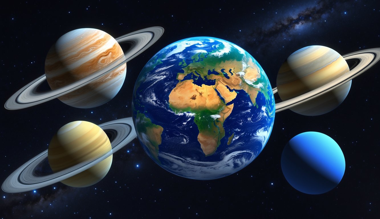 Perbandingan Bumi dengan beberapa planet lain di Tata Surya yang ditampilkan dalam tata letak ruang angkasa dengan latar belakang bintang.