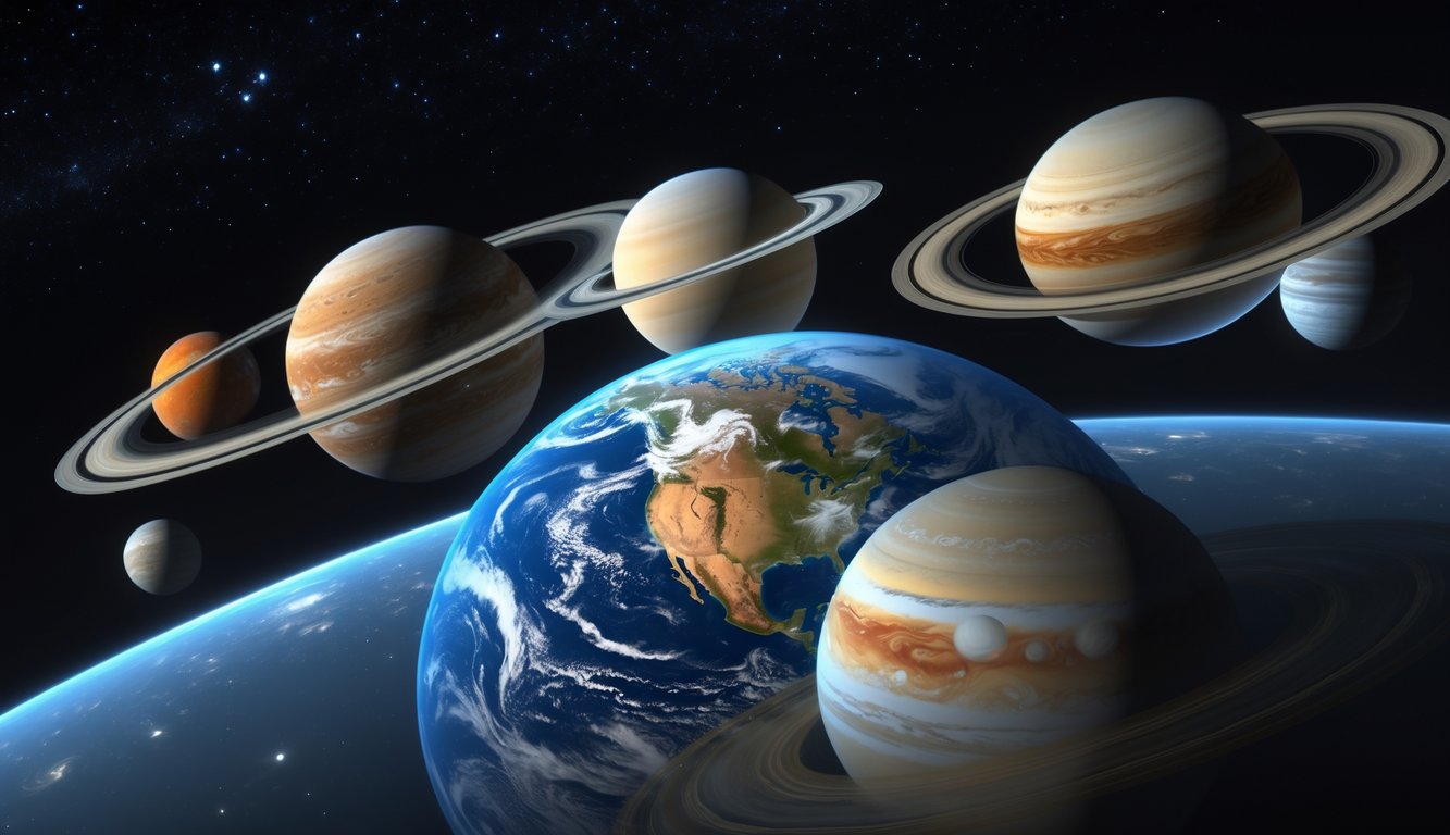 Gambaran Bumi dan beberapa planet lain di Tata Surya yang menunjukkan perbedaan fisik masing-masing planet.