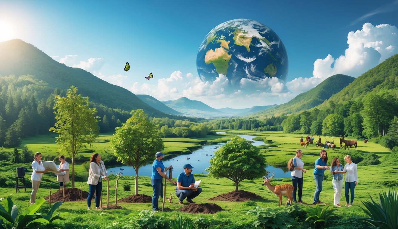 Pemandangan alam hijau dengan berbagai ekosistem dan orang-orang yang beraktivitas di luar ruangan, menampilkan hubungan bumi dengan kehidupan manusia.