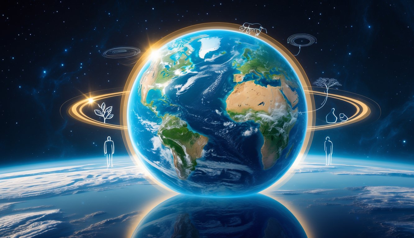 Gambar Bumi dari luar angkasa yang menunjukkan daratan, lautan, dan atmosfer dengan latar belakang ruang angkasa gelap dan bintang-bintang.