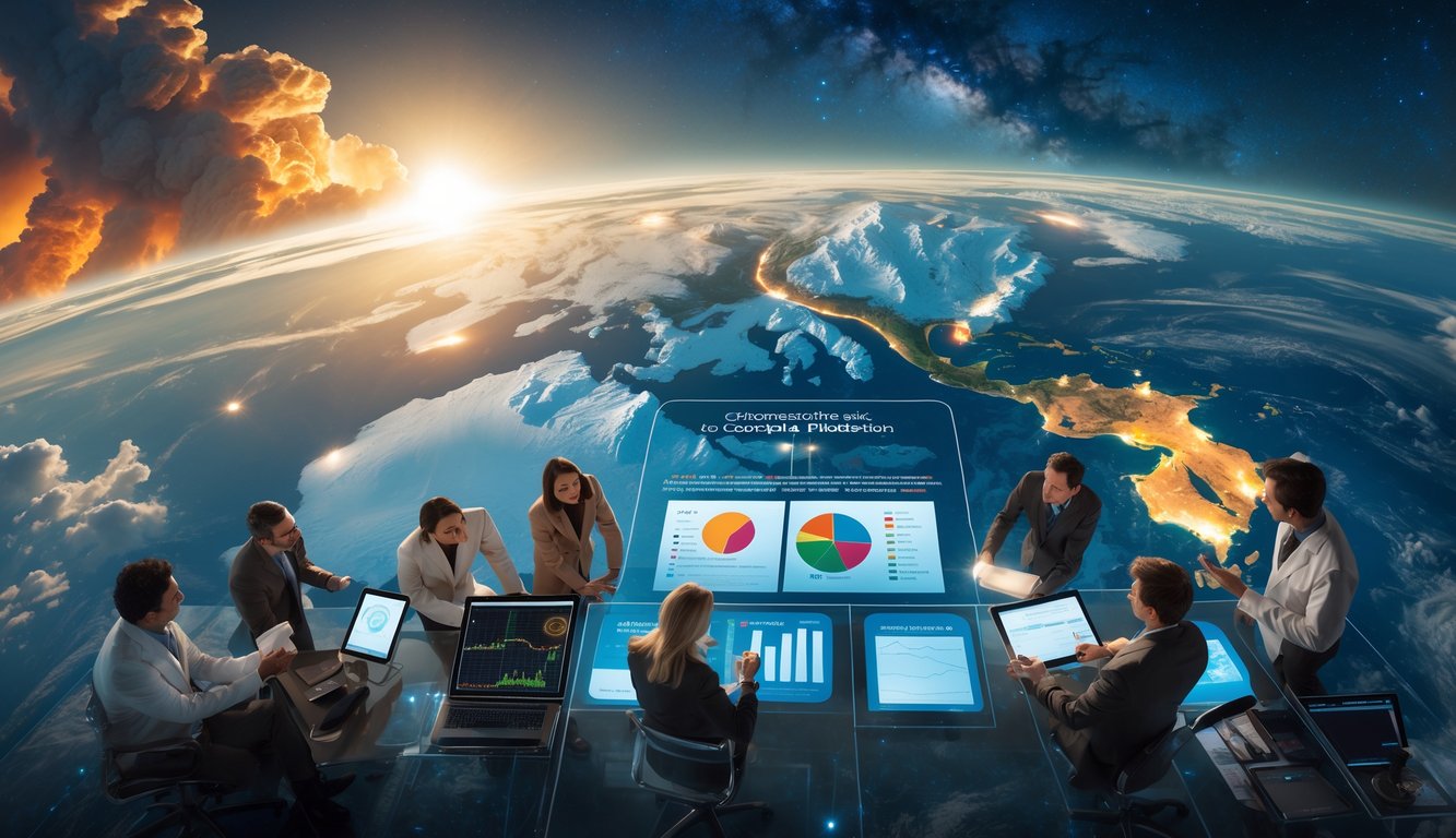 Pemandangan Bumi dari luar angkasa dengan kebakaran hutan, es yang mencair, dan lautan tercemar, serta para ilmuwan dan aktivis lingkungan yang sedang bekerja sama untuk mencari solusi.