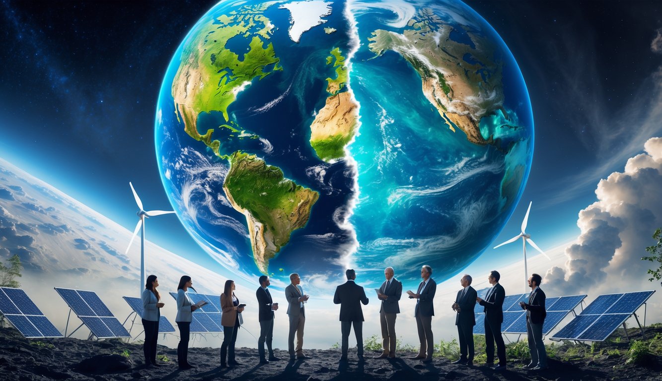 Gambaran Bumi yang terbagi menjadi dua bagian, satu sehat dengan hutan hijau dan laut biru, satu lagi rusak dengan tanah kering, asap, dan es mencair, dengan para ilmuwan dan aktivis lingkungan berdiskusi di depan globe digital.