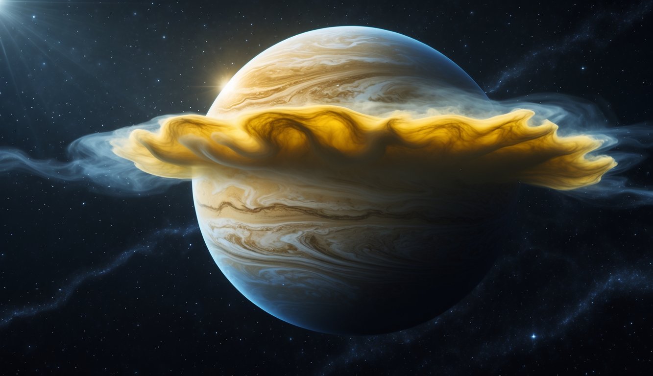 Gambar planet Venus di luar angkasa dengan awan tebal berwarna kekuningan dan latar belakang langit berbintang.