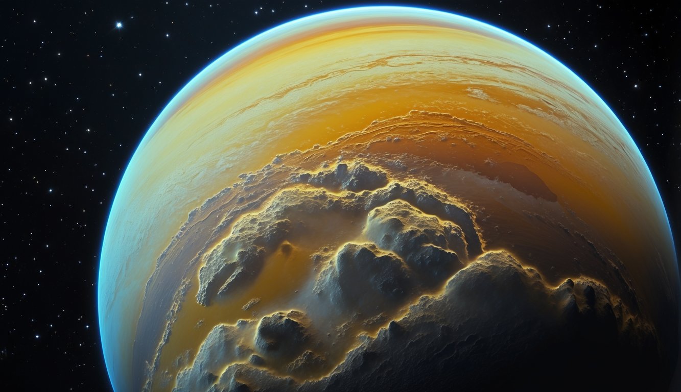 Gambar close-up planet Venus dengan atmosfer tebal berwarna kuning dan oranye serta permukaan berbatu dan vulkanik di latar luar angkasa gelap.