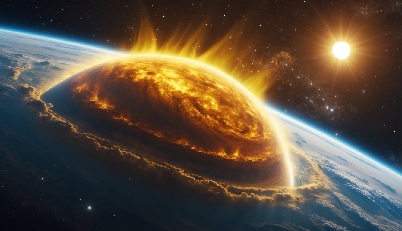 Gambaran planet Venus dengan atmosfer tebal dan berwarna kuning oranye yang panas, dikelilingi oleh ruang angkasa gelap dengan bintang-bintang di latar belakang.