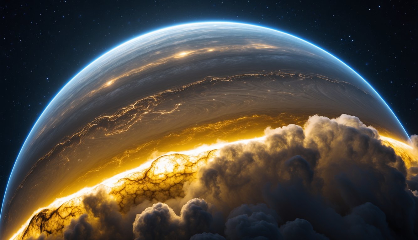 Gambar planet Venus dengan awan tebal dan atmosfer padat di latar luar angkasa.