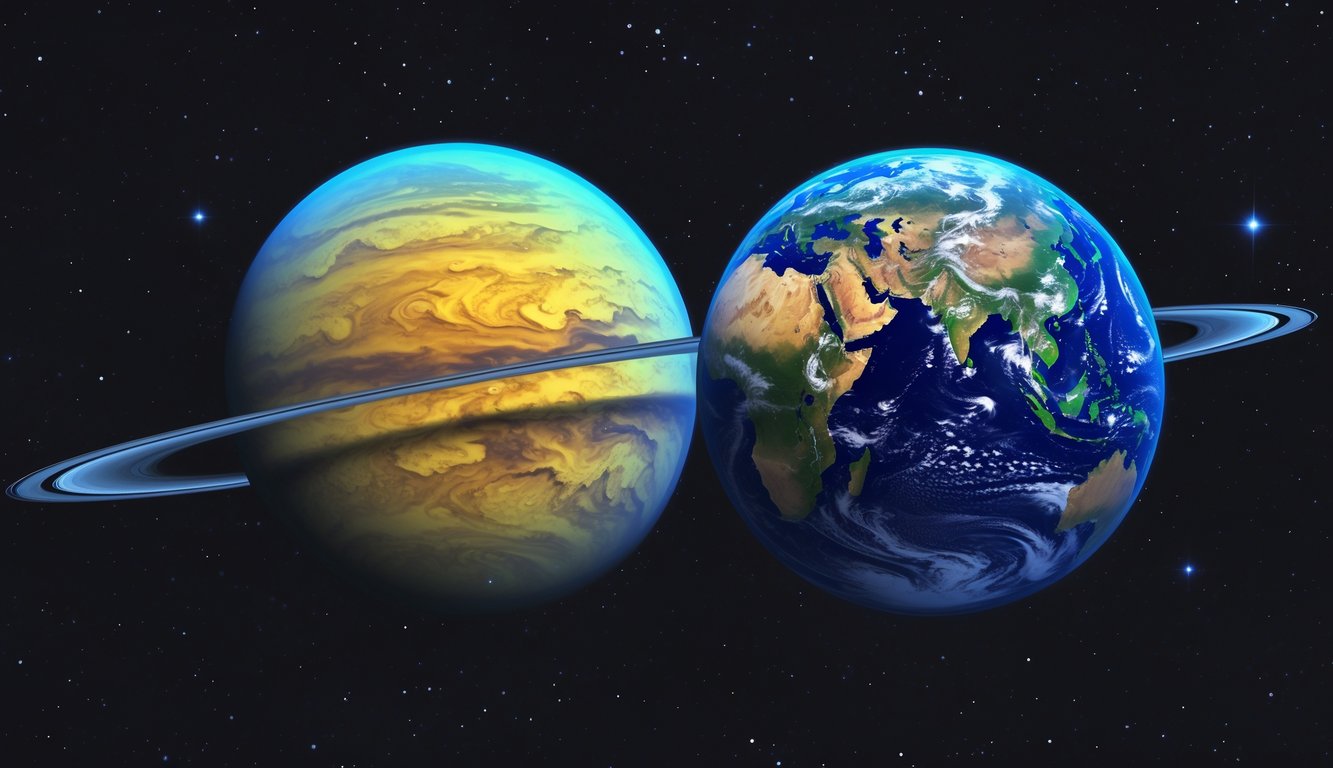 Gambar perbandingan planet Venus dan Bumi berdampingan di luar angkasa dengan latar belakang bintang.