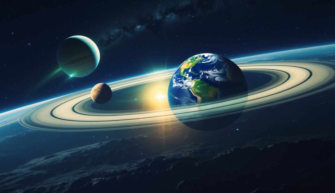 Gambaran posisi dan ukuran Venus dan Bumi dalam Tata Surya dengan Matahari dan planet-planet lain di latar belakang.