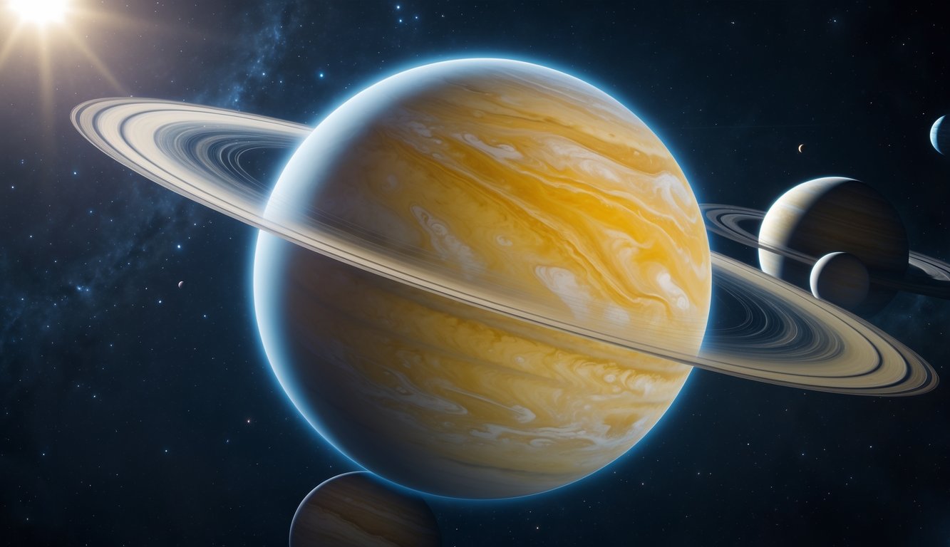 Gambar planet Venus dengan awan tebal berwarna kuning keputihan di tata surya, dikelilingi ruang angkasa gelap dan bintang-bintang.