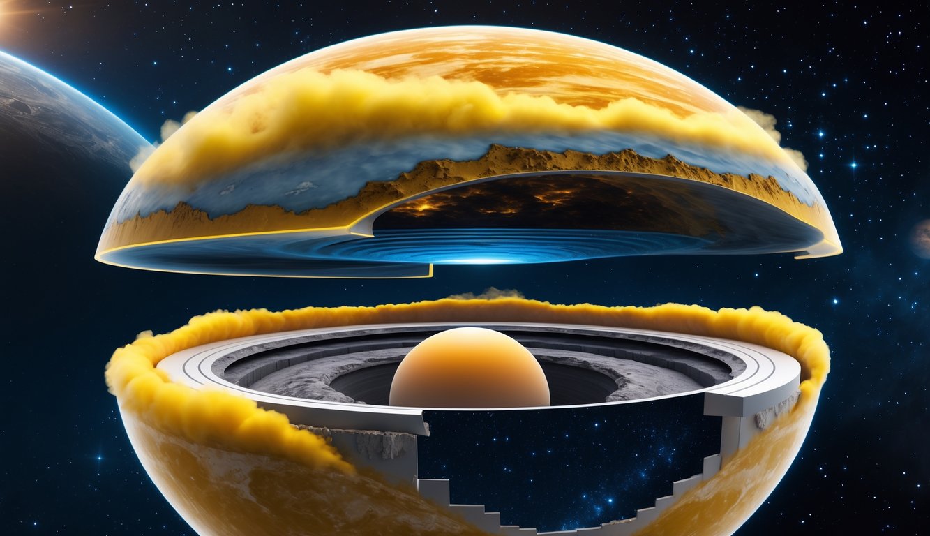 Gambaran penampang internal planet Venus dengan lapisan atmosfer tebal dan inti logam di tengahnya.