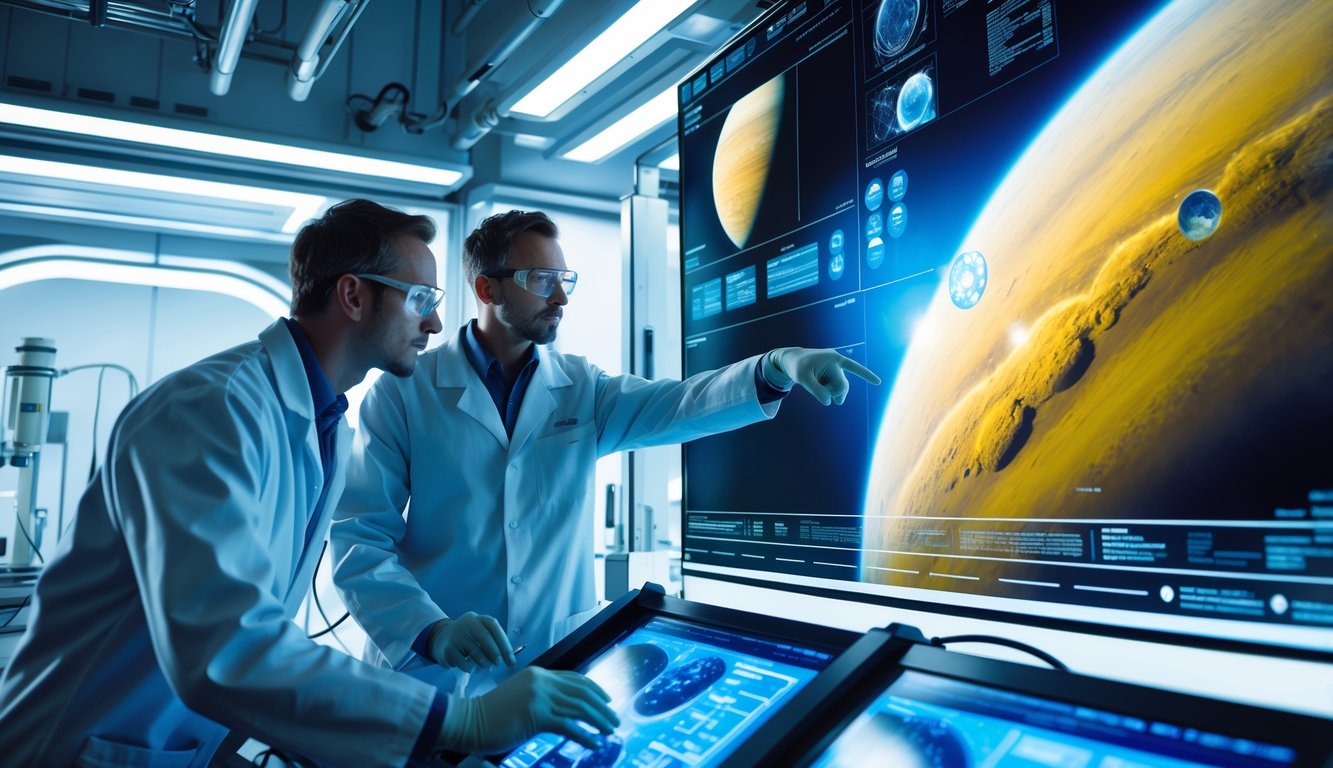 Para ilmuwan sedang meneliti planet Venus dengan peralatan canggih di laboratorium modern.