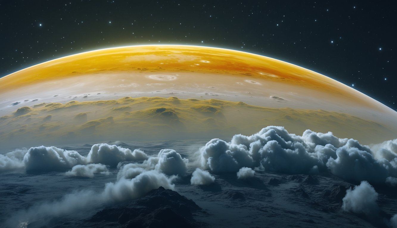 Gambar planet Venus dengan atmosfer tebal berwarna kuning dan oranye, terlihat di luar angkasa dengan latar belakang gelap dan bintang-bintang.