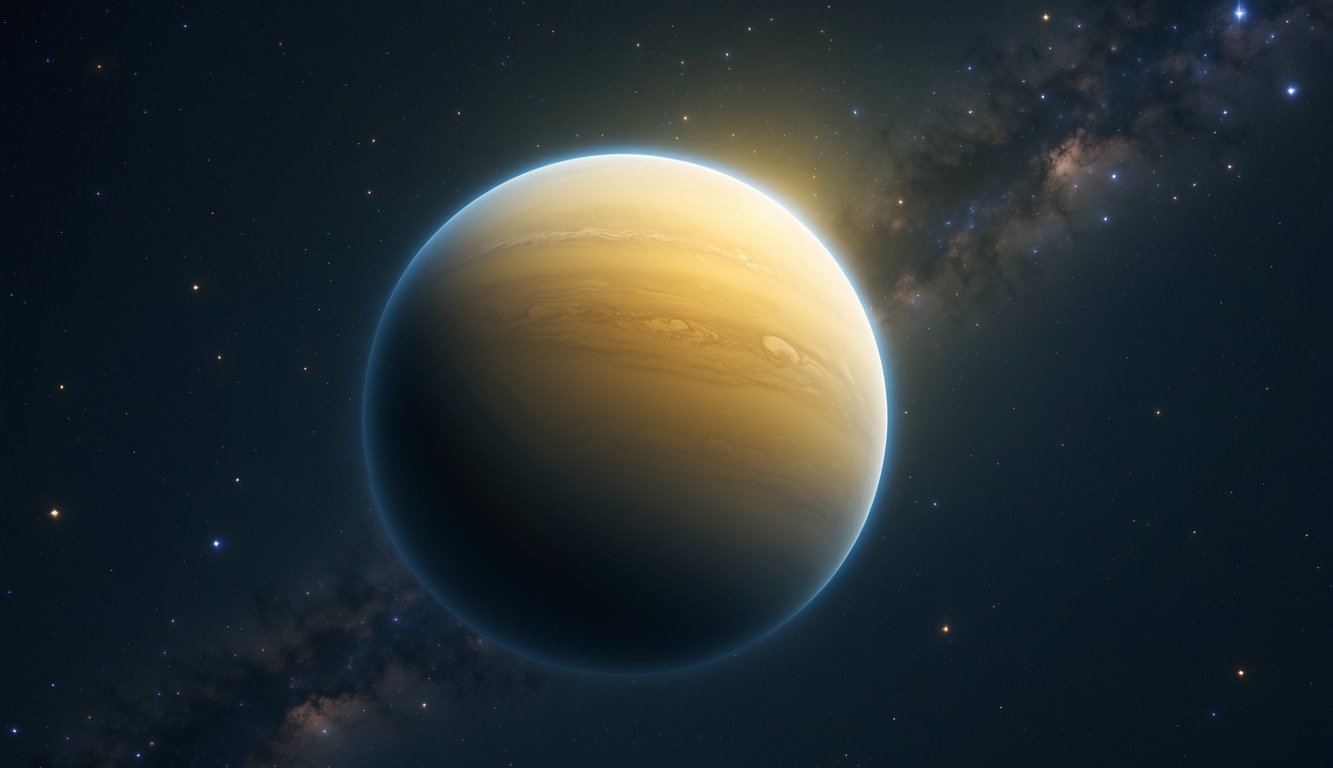 Gambaran planet Venus yang bercahaya dengan latar belakang langit berbintang.